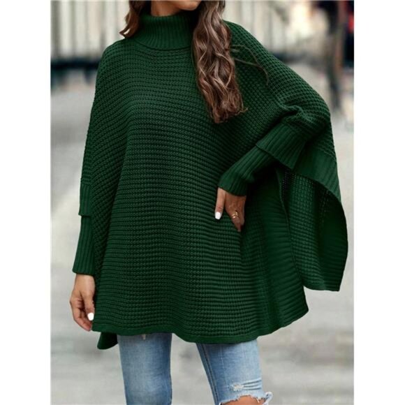 Turtleneck Batwing Sleeve Poncho Sweater,Long Sleeve Tops Knit Pullover Fall - Picture 3 of 8